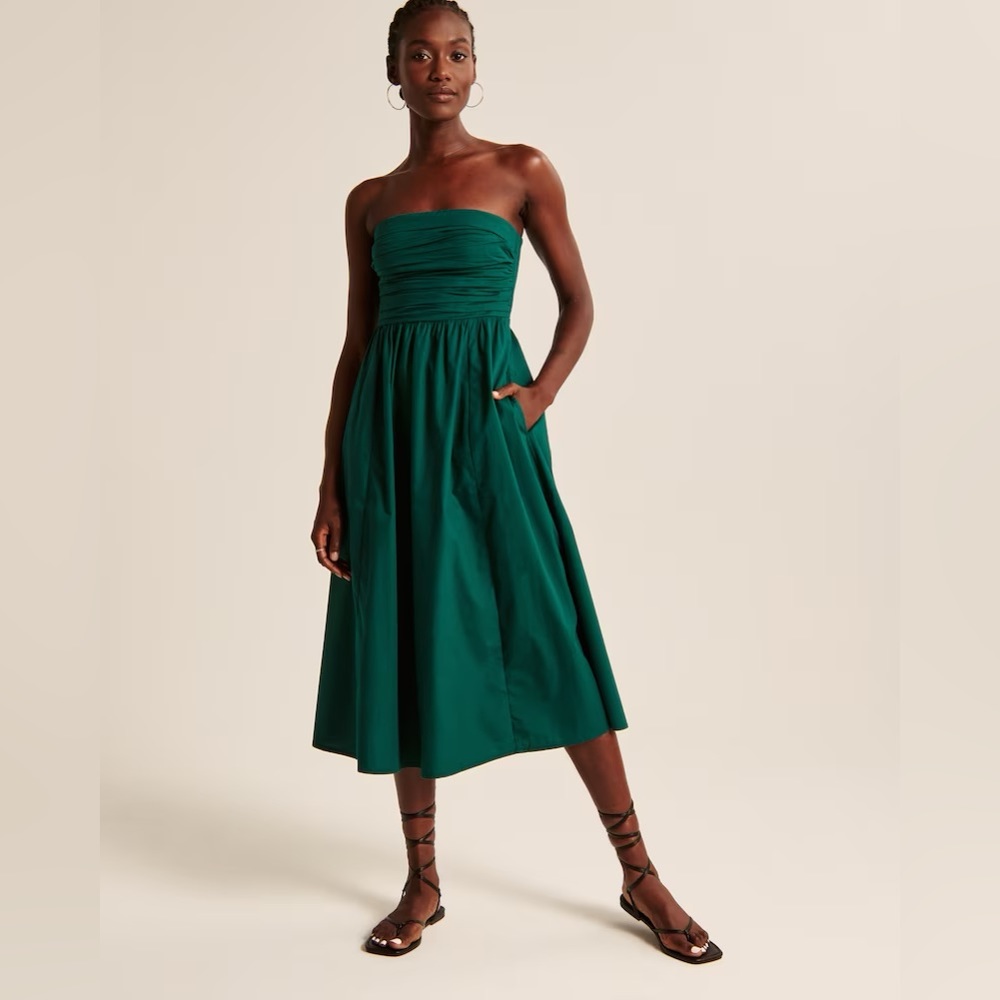 Abercrombie & Fitch Green Strapless Poplin Midi Dress in M (Sold Out Online)